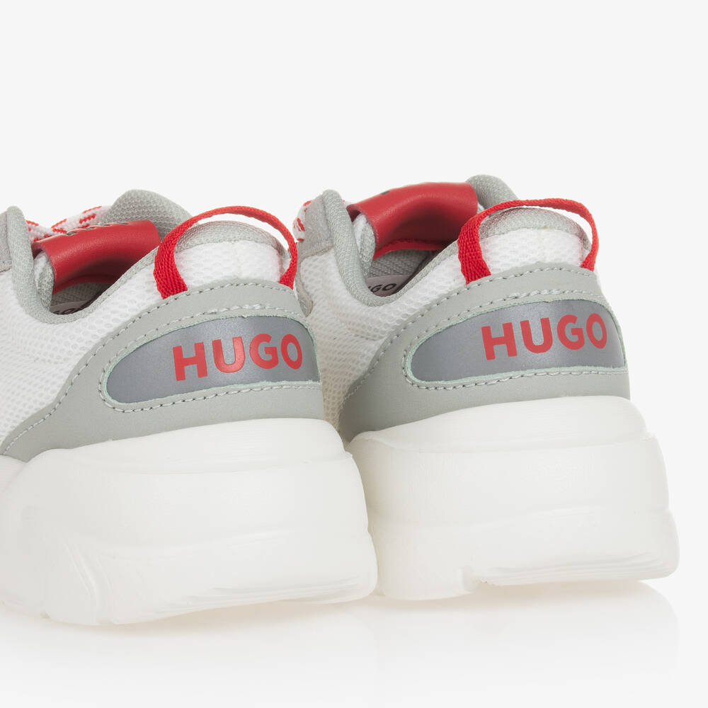 HUGO-Boys Grey & White Mesh Lace-Up Trainers | Childrensalon Outlet