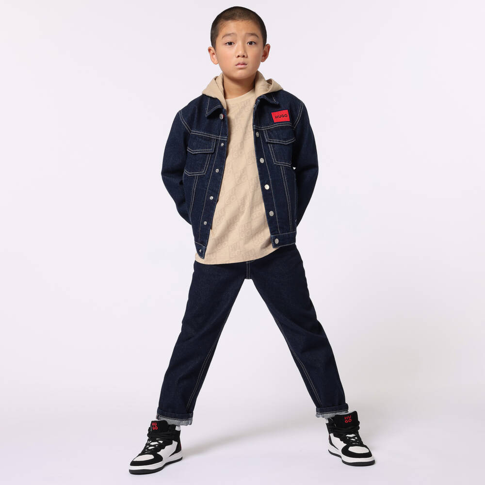 HUGO-Boys Hooded Denim Jacket in Blue | Childrensalon Outlet