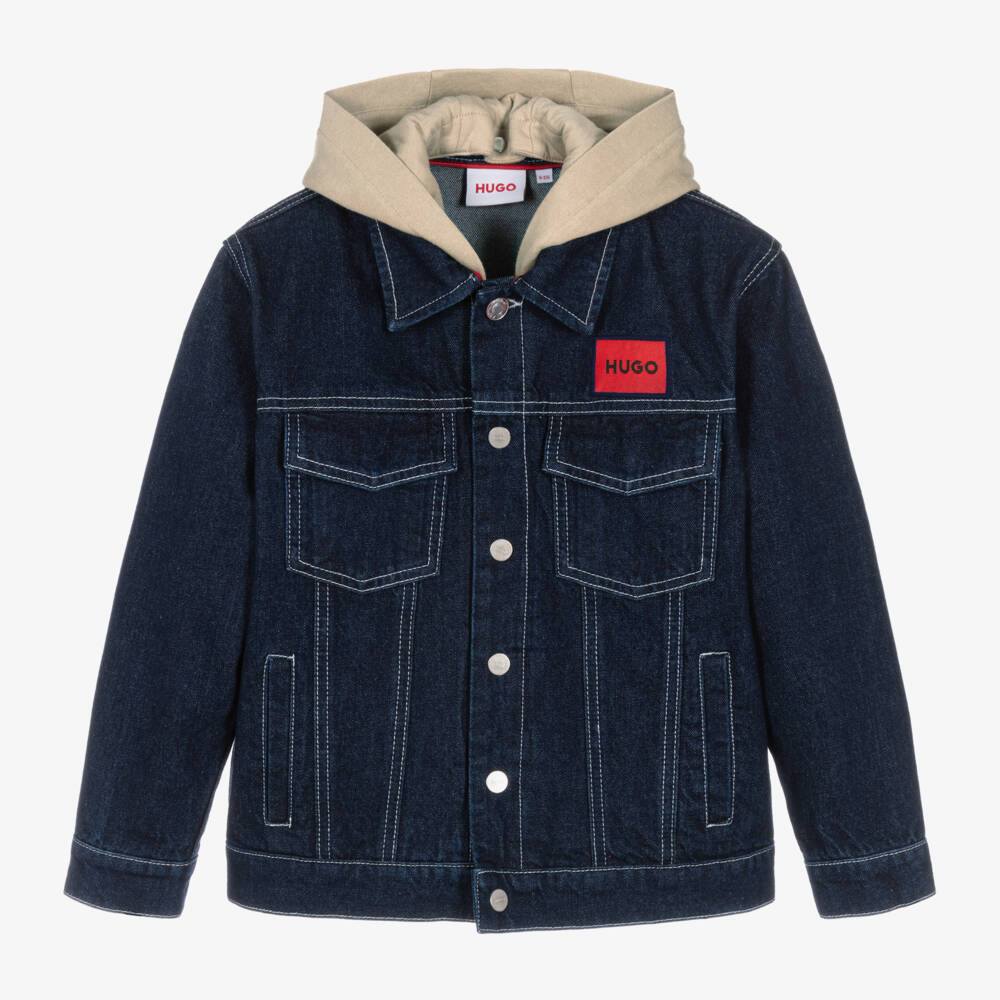 HUGO-Boys Hooded Denim Jacket in Blue | Childrensalon Outlet