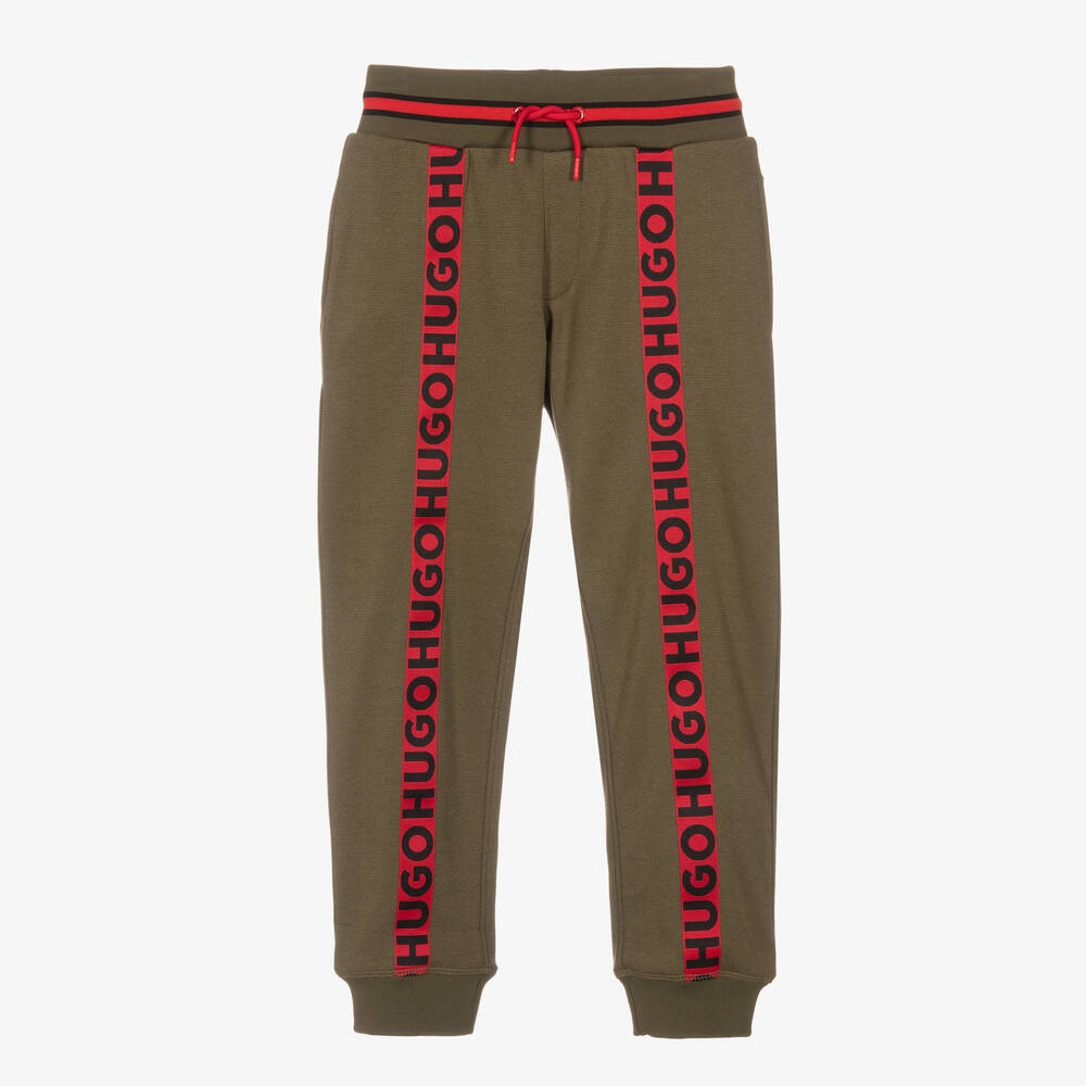 HUGO - Boys Khaki Green Piqué Logo Tape Joggers | Childrensalon