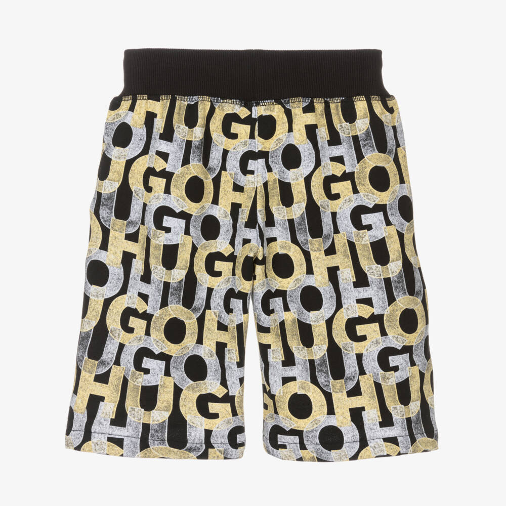 HUGO-Boys Monogrammed Black Cotton Shorts | Childrensalon Outlet