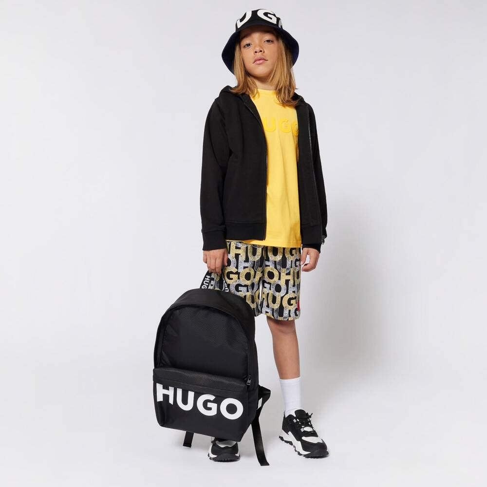HUGO-Boys Monogrammed Black Cotton Shorts | Childrensalon Outlet