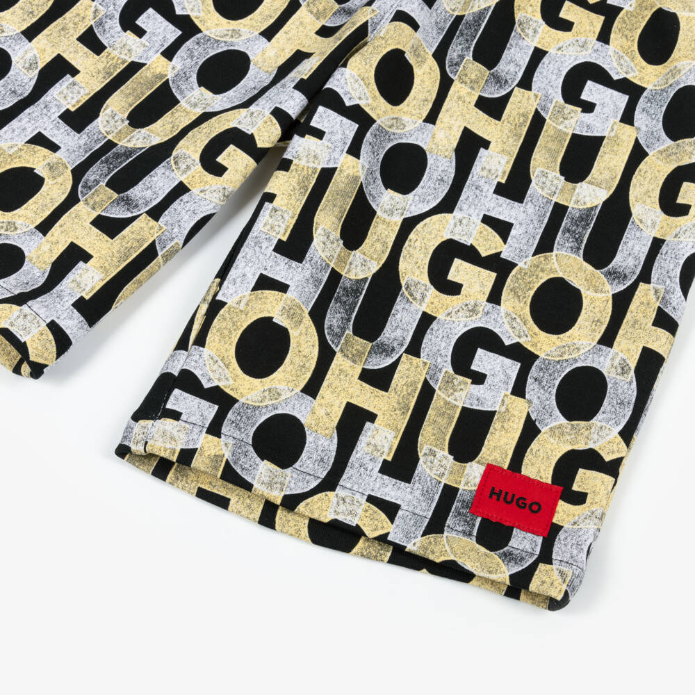 HUGO-Boys Monogrammed Black Cotton Shorts | Childrensalon Outlet