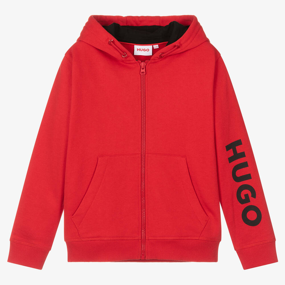 HUGO - Boys Red Cotton Zip-Up Hoodie | Childrensalon