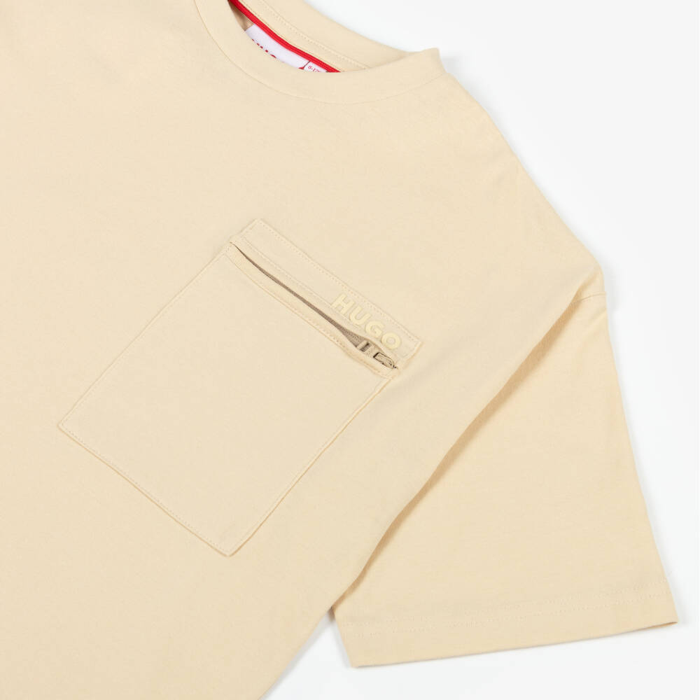 HUGO-Boys Soft Beige Organic Tee | Childrensalon Outlet