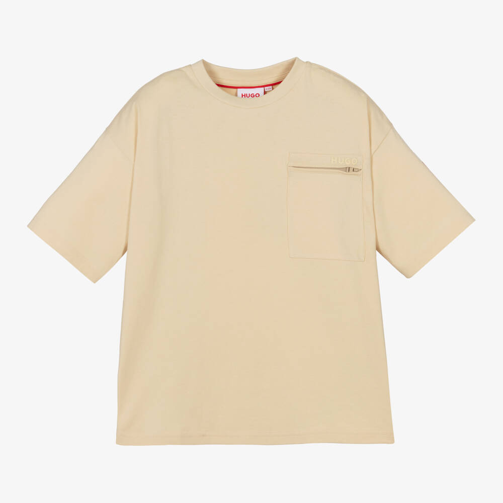 HUGO-Boys Soft Beige Organic Tee | Childrensalon Outlet