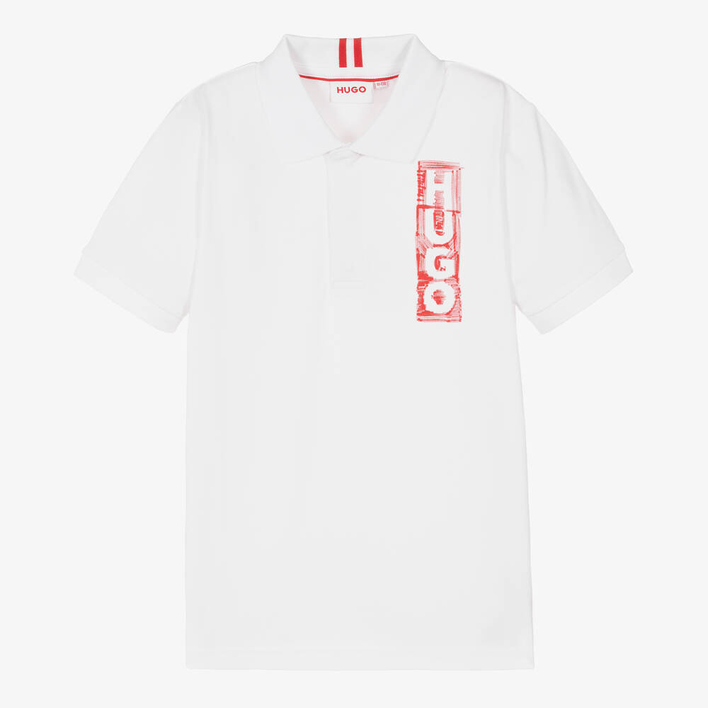HUGO - Boys White Cotton Polo Shirt | Childrensalon