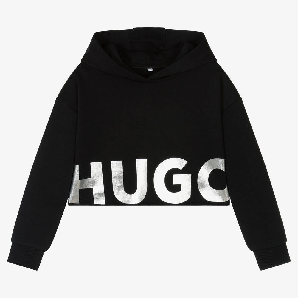 HUGO - Girls Black Cropped Logo Hoodie | Childrensalon