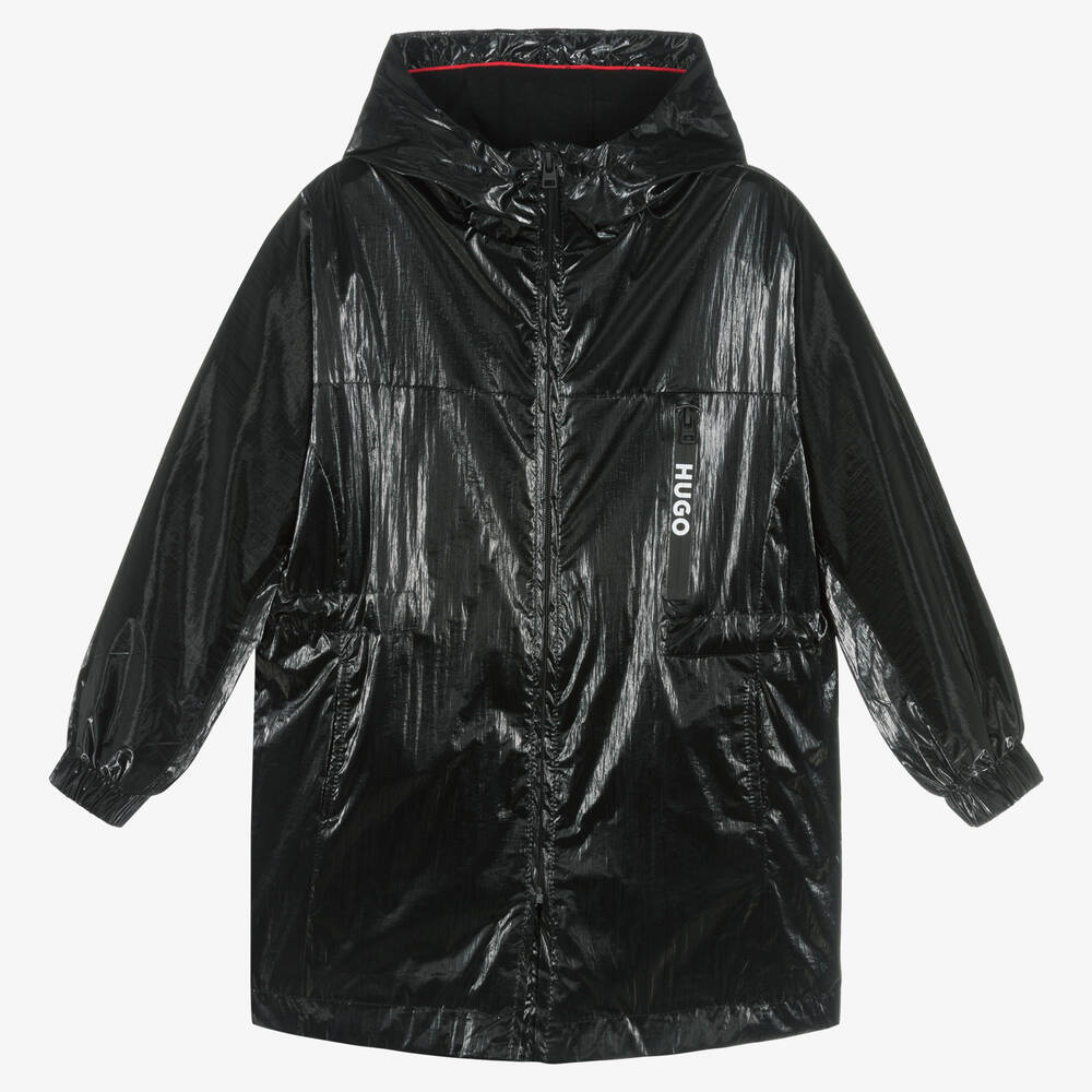 HUGO - Girls Black Shiny Windbreaker Coat | Childrensalon