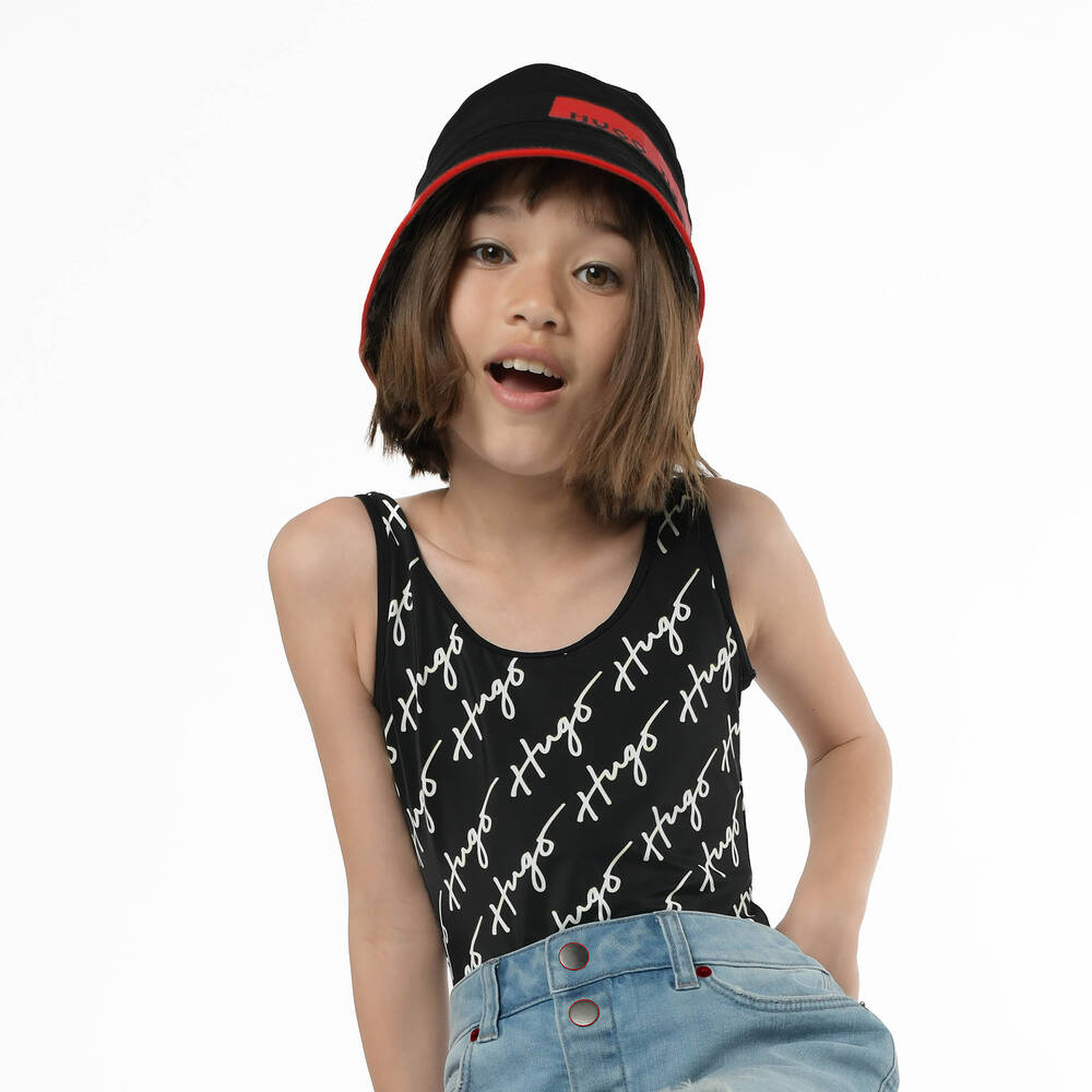 HUGO-Girls Black & White Logo Swimsuit | Childrensalon Outlet