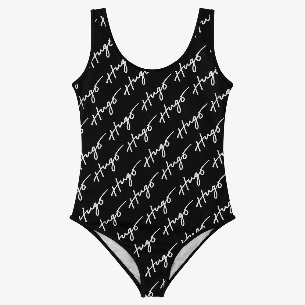 HUGO - Girls Black & White Logo Swimsuit | Childrensalon