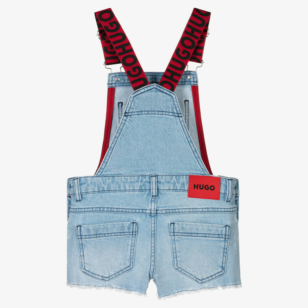 HUGO Girls Blue Denim Dungaree Shorts Childrensalon Outlet