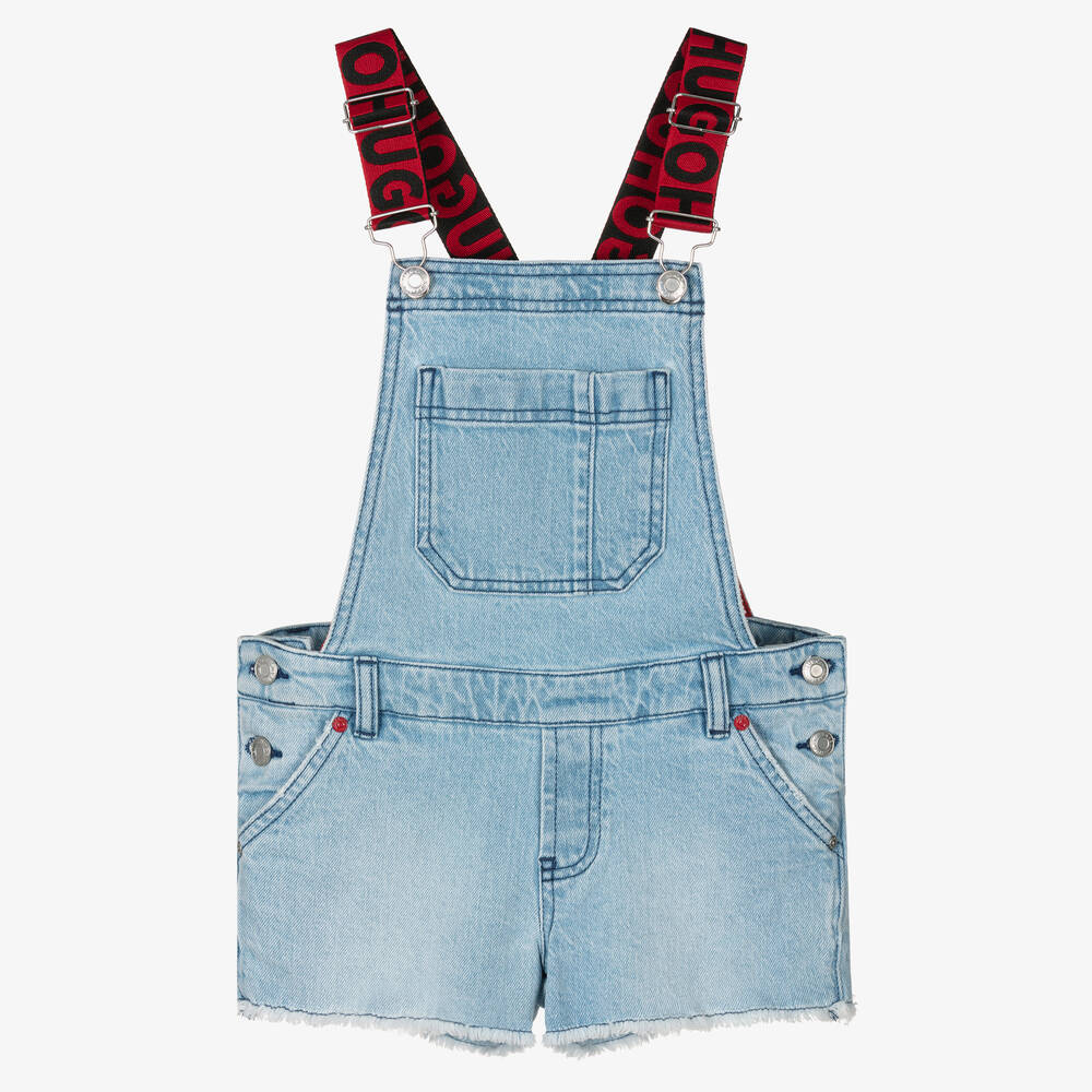 HUGO - Girls Blue Denim Dungaree Shorts | Childrensalon