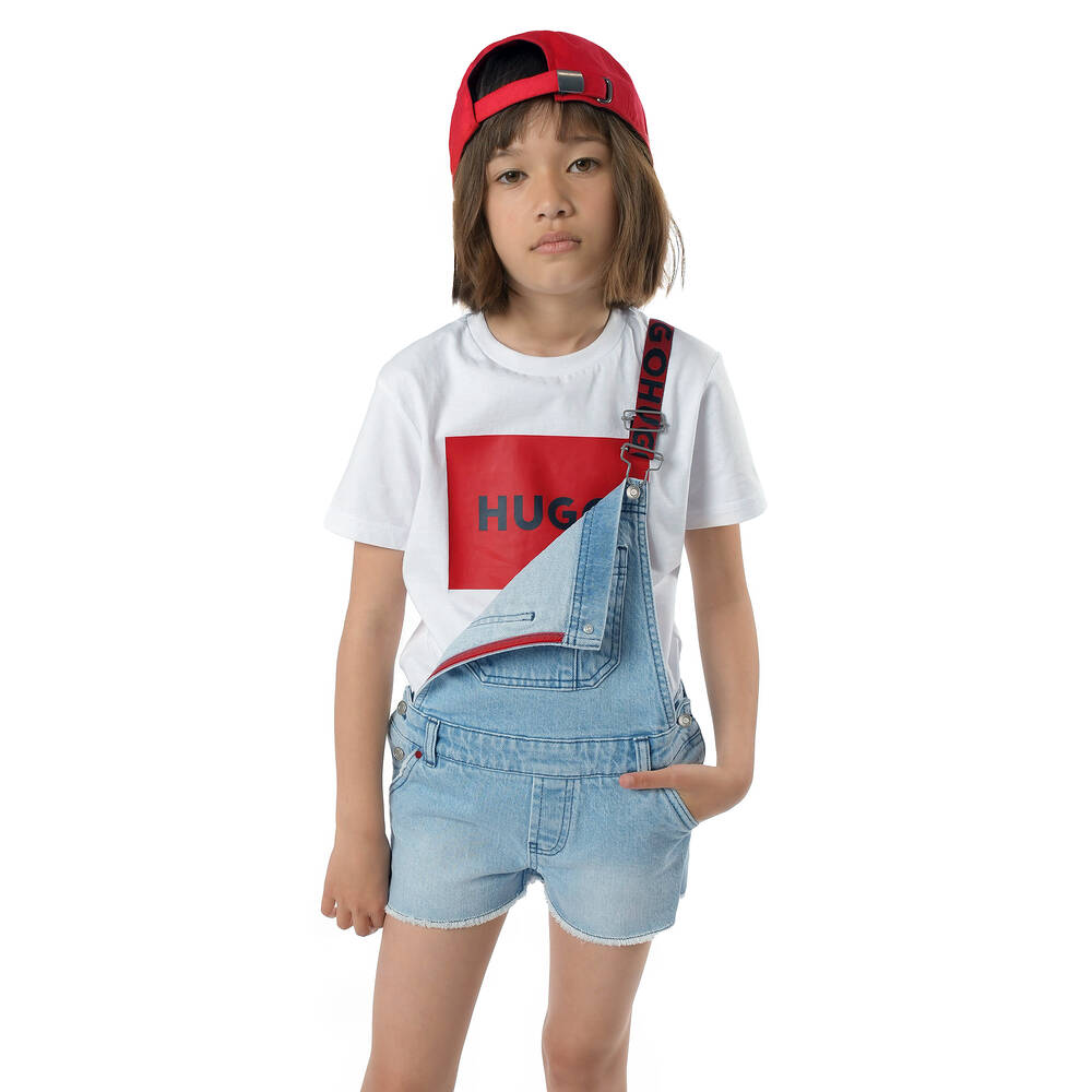 HUGO Girls Blue Denim Dungaree Shorts Childrensalon Outlet