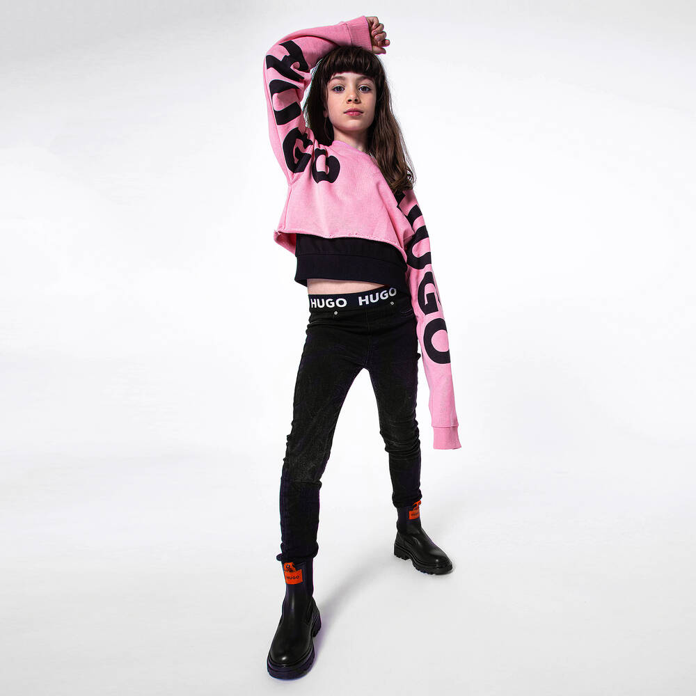 هيوغو-سويتشيرت قطن جيرسي لون زهري وأسود للبنات | Childrensalon Outlet