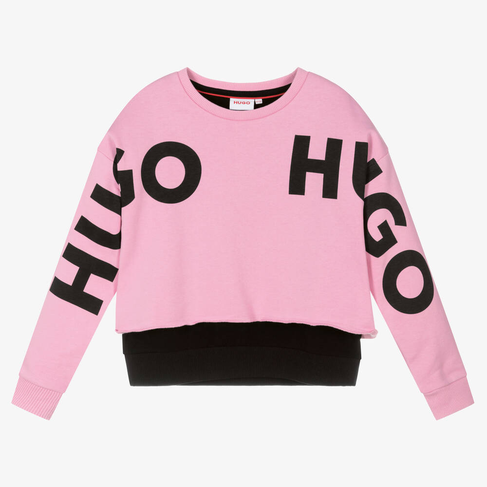 HUGO-Girls Pink & Black Cotton Sweatshirt | Childrensalon Outlet