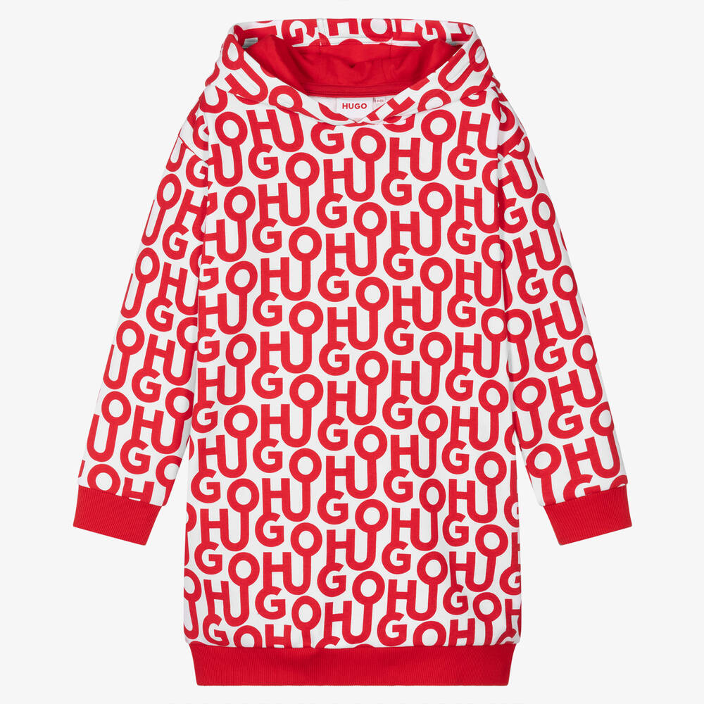 HUGO - Girls Red & White Logo Hooded Dress | Childrensalon