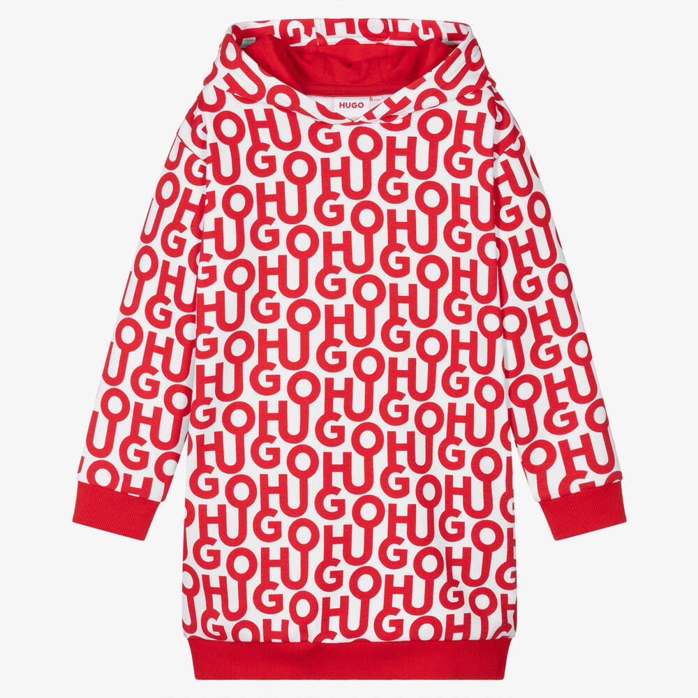 HUGO-فستان هودي قطن جيرسي لون أبيض وأحمر | Childrensalon Outlet