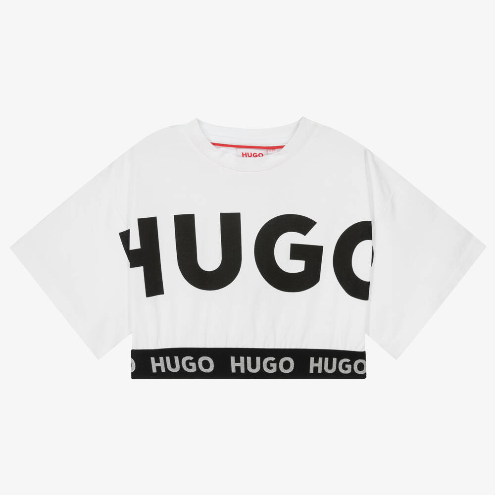 HUGO - Girls White Cotton Cropped T-Shirt | Childrensalon