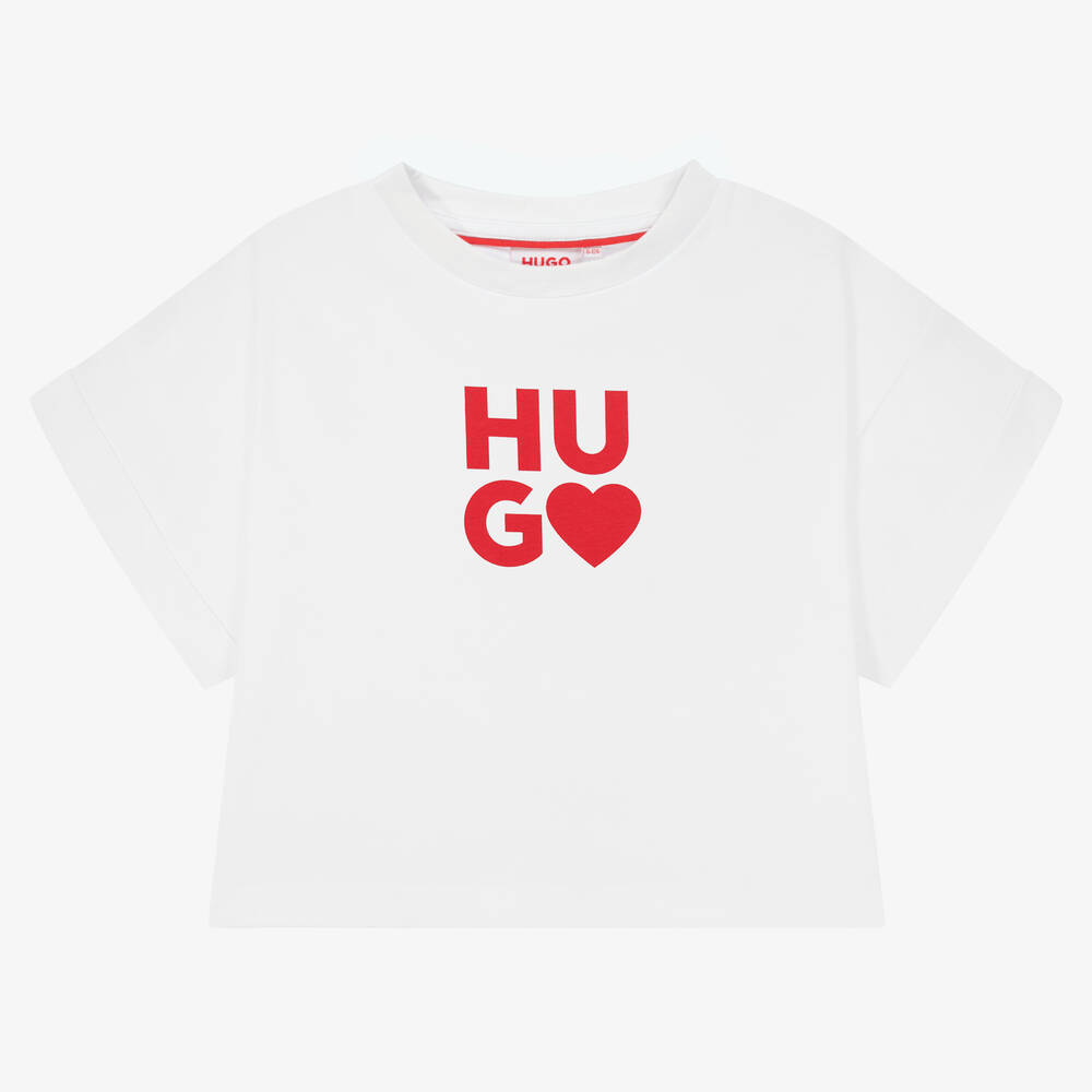 HUGO - تيشيرت قطن لون أبيض للبنات | Childrensalon