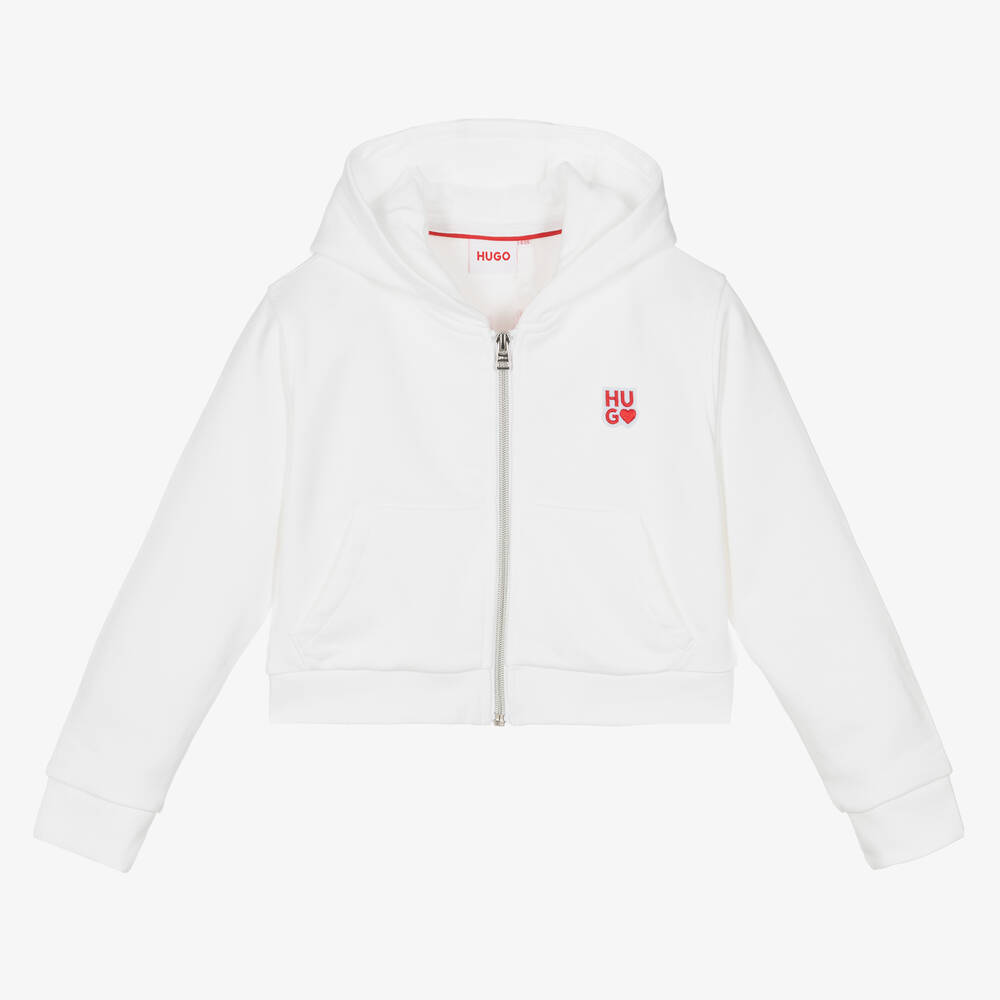 HUGO - Girls White Cotton Zip-Up Top | Childrensalon