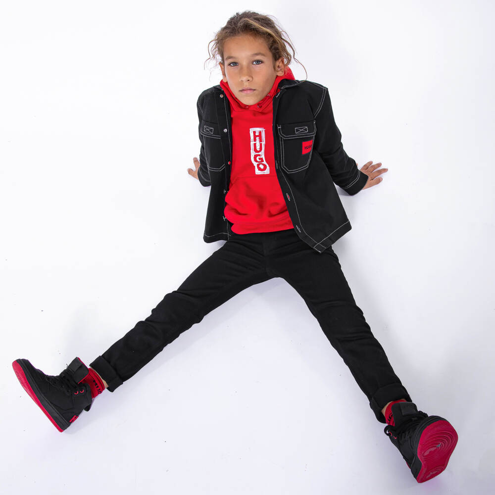 HUGO-Red Cotton Jersey Hoodie | Childrensalon Outlet