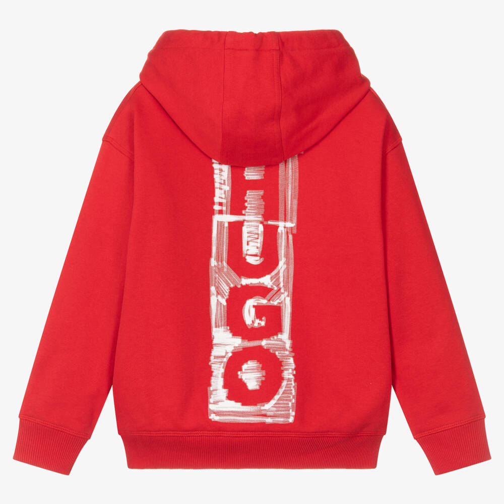 HUGO-Red Cotton Jersey Hoodie | Childrensalon Outlet