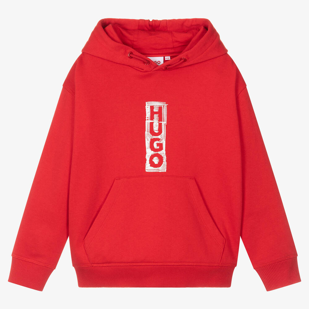 HUGO - Red Cotton Jersey Hoodie | Childrensalon