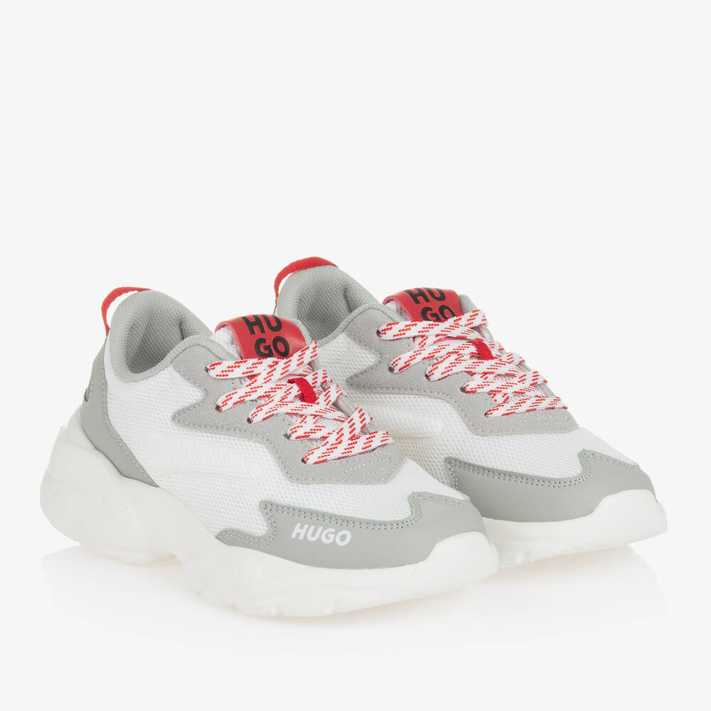 HUGO-Teen Boys Grey & White Mesh Lace-Up Trainers | Childrensalon Outlet