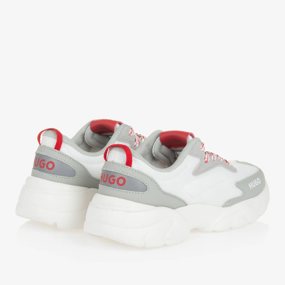 HUGO Teen Boys Grey White Mesh Lace Up Trainers Childrensalon Outlet
