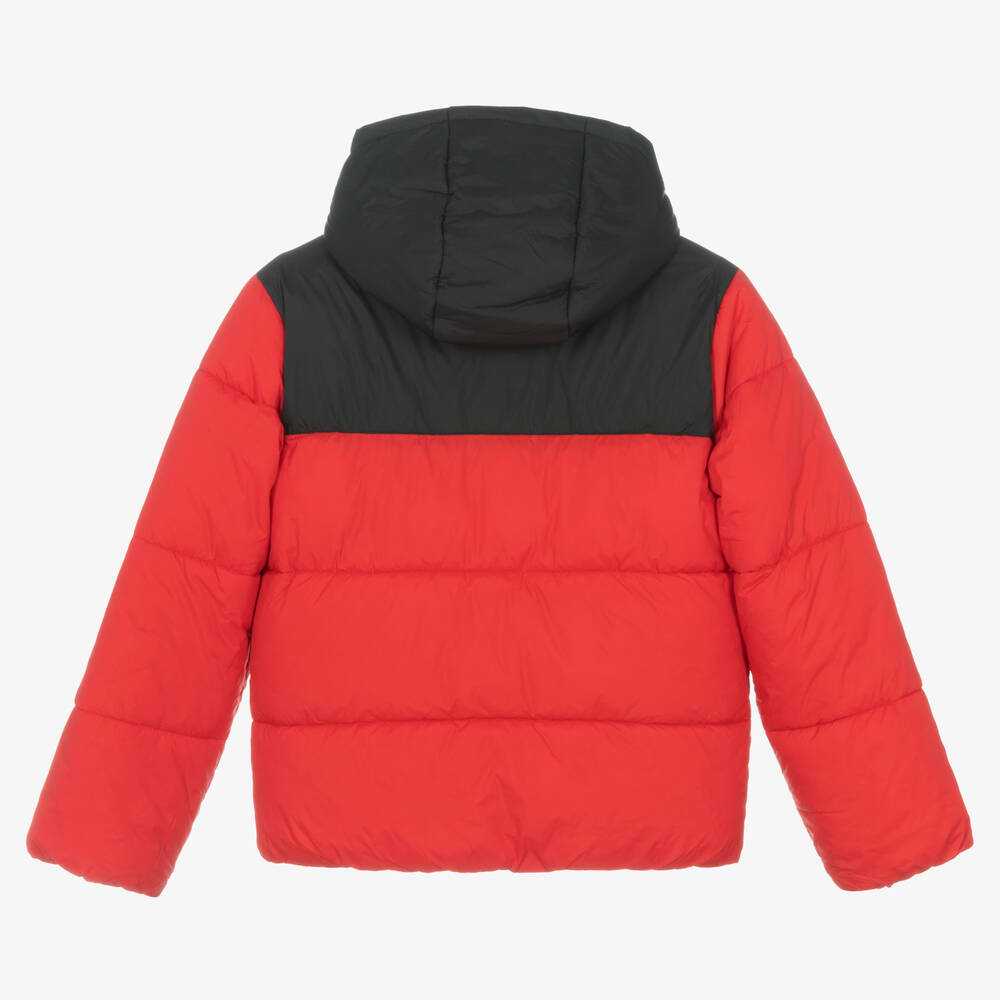 هيوغو-جاكيت بافر هودي لون أسود وأحمر تينز ولادي | Childrensalon Outlet