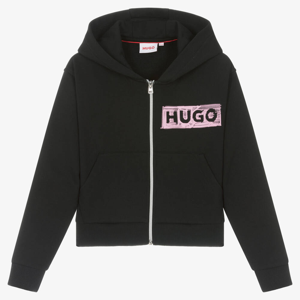 HUGO - Sweat à capuche noir zippé en coton | Childrensalon