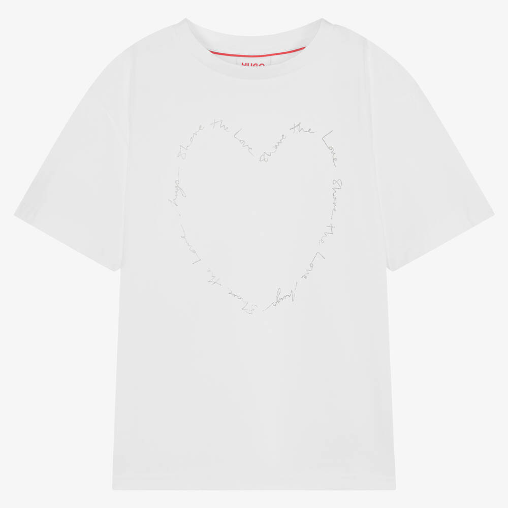 HUGO - Белая хлопковая футболка с серебристым сердцем | Childrensalon