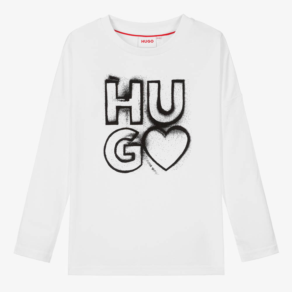 HUGO - Белый хлопковый топ с граффити для девочек | Childrensalon