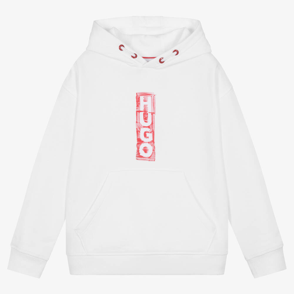 HUGO - White Cotton Jersey Hoodie  | Childrensalon