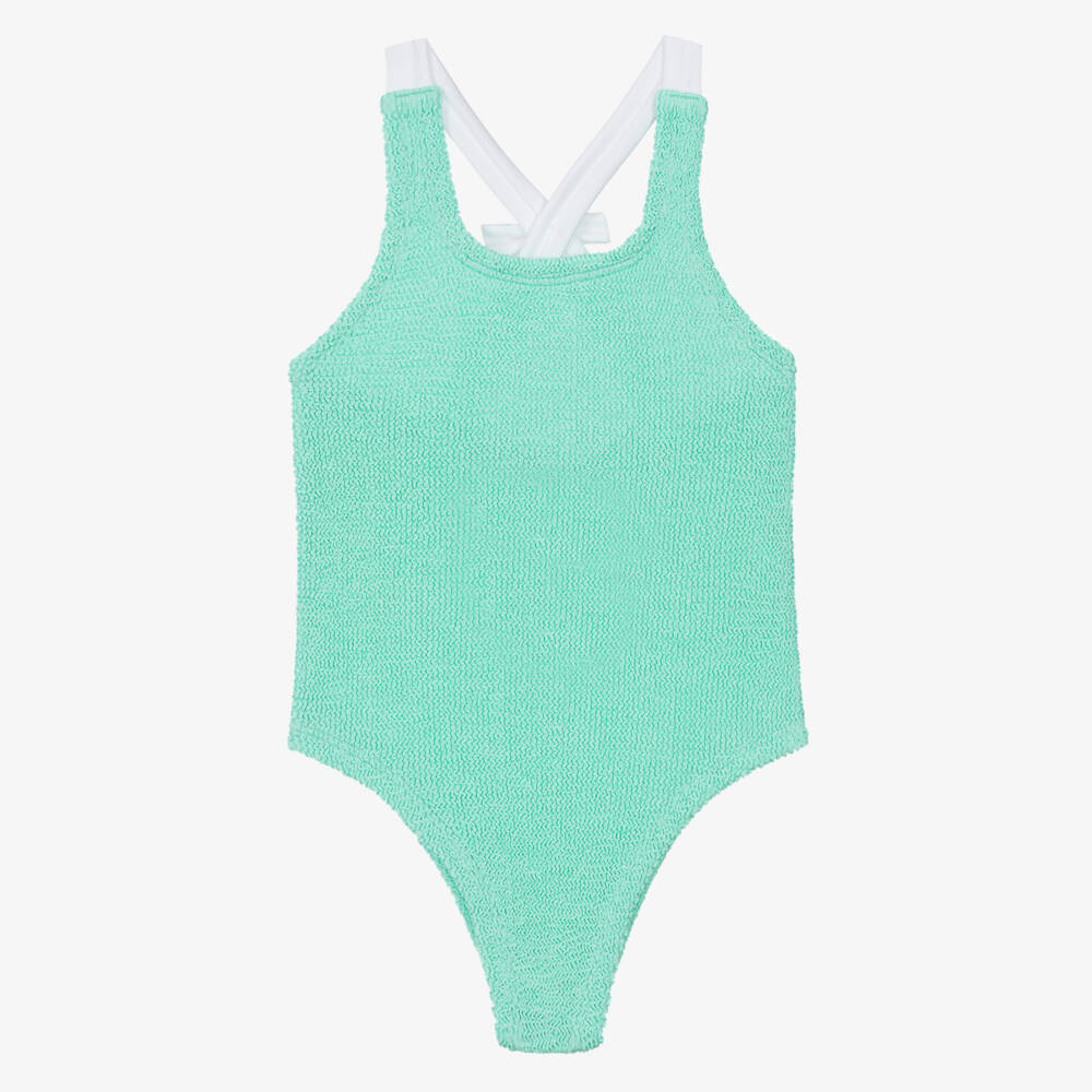 Hunza G-Girls Mint Green Crinkle Swimsuit with Bow & Ruffle | Childrensalon Outlet