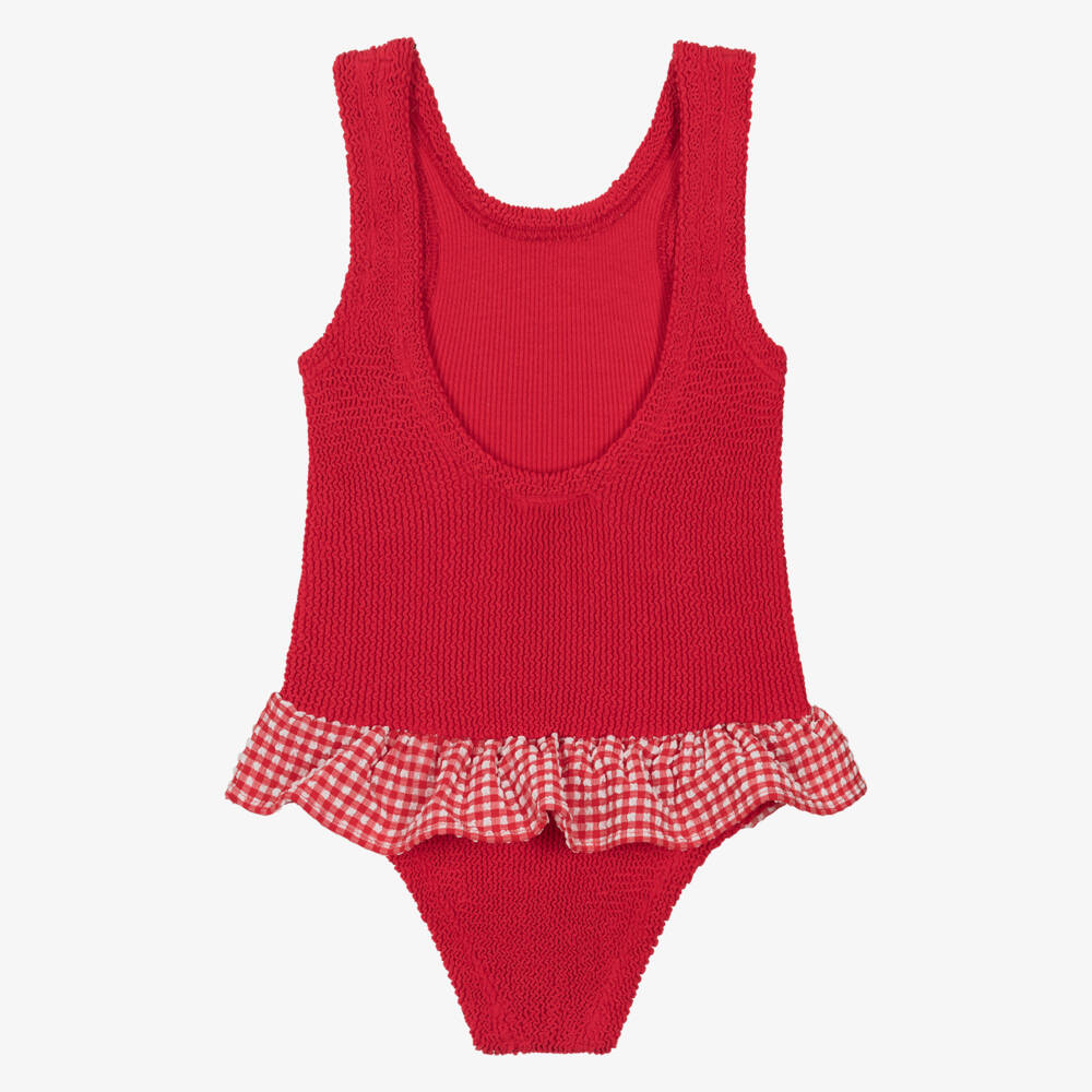 Hunza G-Girls Red Crinkle Swimsuit with Gingham Frill | Childrensalon Outlet