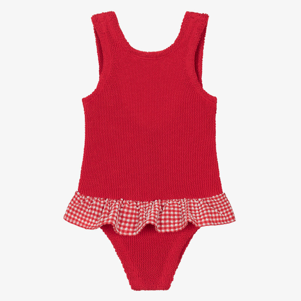 Hunza G-Girls Red Crinkle Swimsuit with Gingham Frill | Childrensalon Outlet