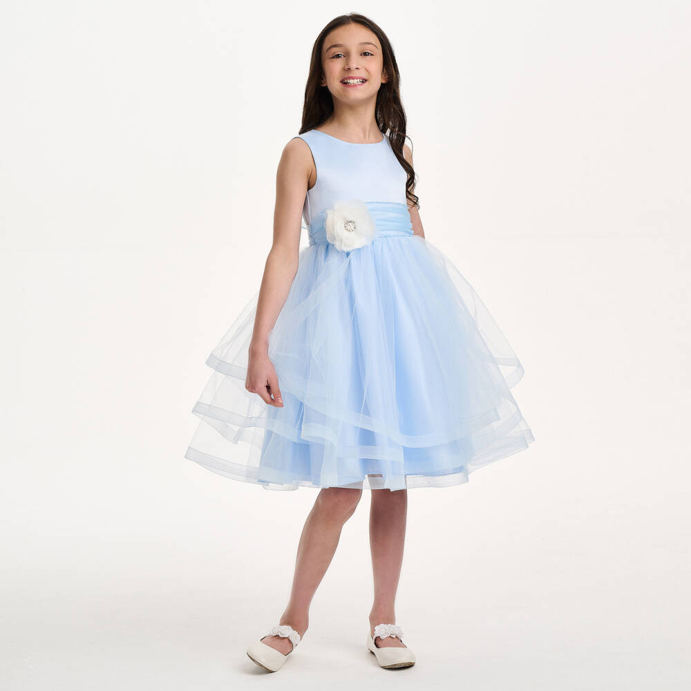 iAMe-فستان أزرق أنيق من التول المزخرف بالورود | Childrensalon Outlet