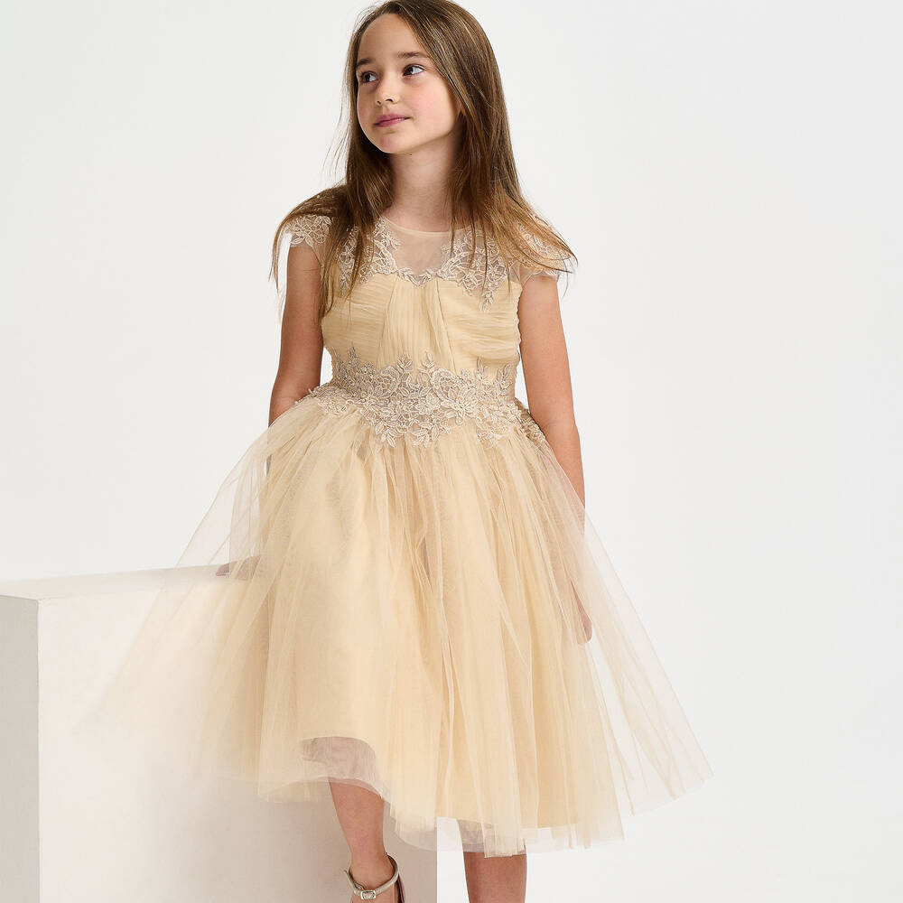 iAMe-Girls Beige Embroidered Tulle Dress | Childrensalon Outlet