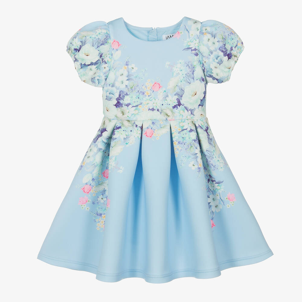 iAMe-Girls Blue Floral Scuba Jersey Dress | Childrensalon Outlet