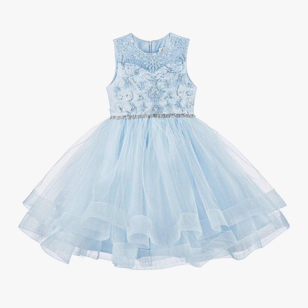 iAMe-Girls Blue Floral Tulle Dress | Childrensalon Outlet