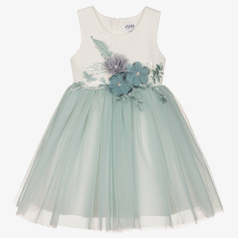 iAMe - Girls Green Floral Tulle Dress | Childrensalon