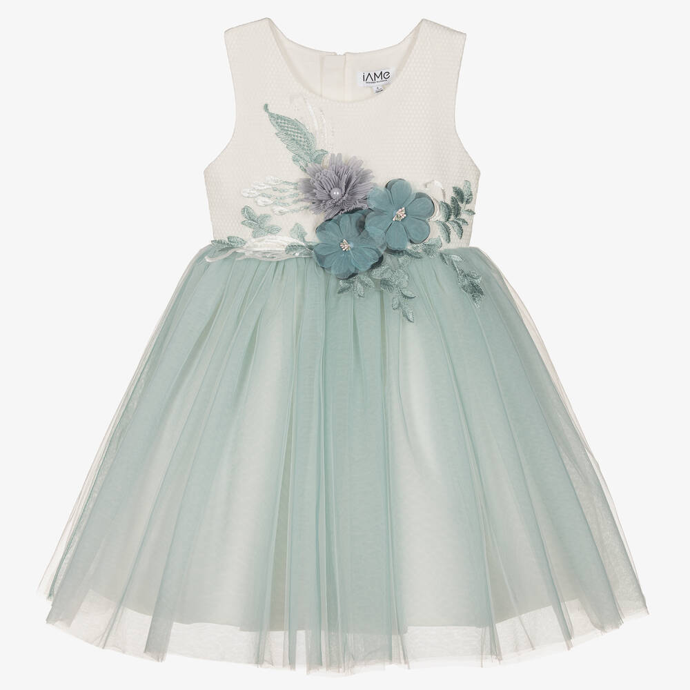iAMe-فستان ساتان وتول لون أبيض وأخضر | Childrensalon Outlet