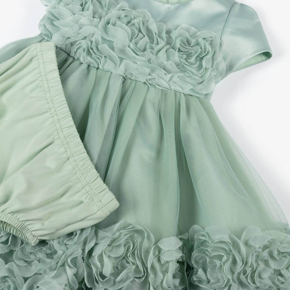 iAMe-Girls Green Satin & Tulle Floral Dress | Childrensalon Outlet