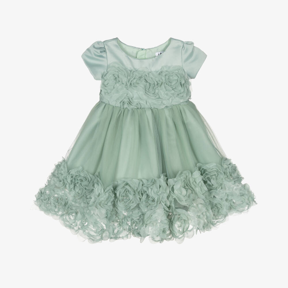 iAMe-Girls Green Satin & Tulle Floral Dress | Childrensalon Outlet