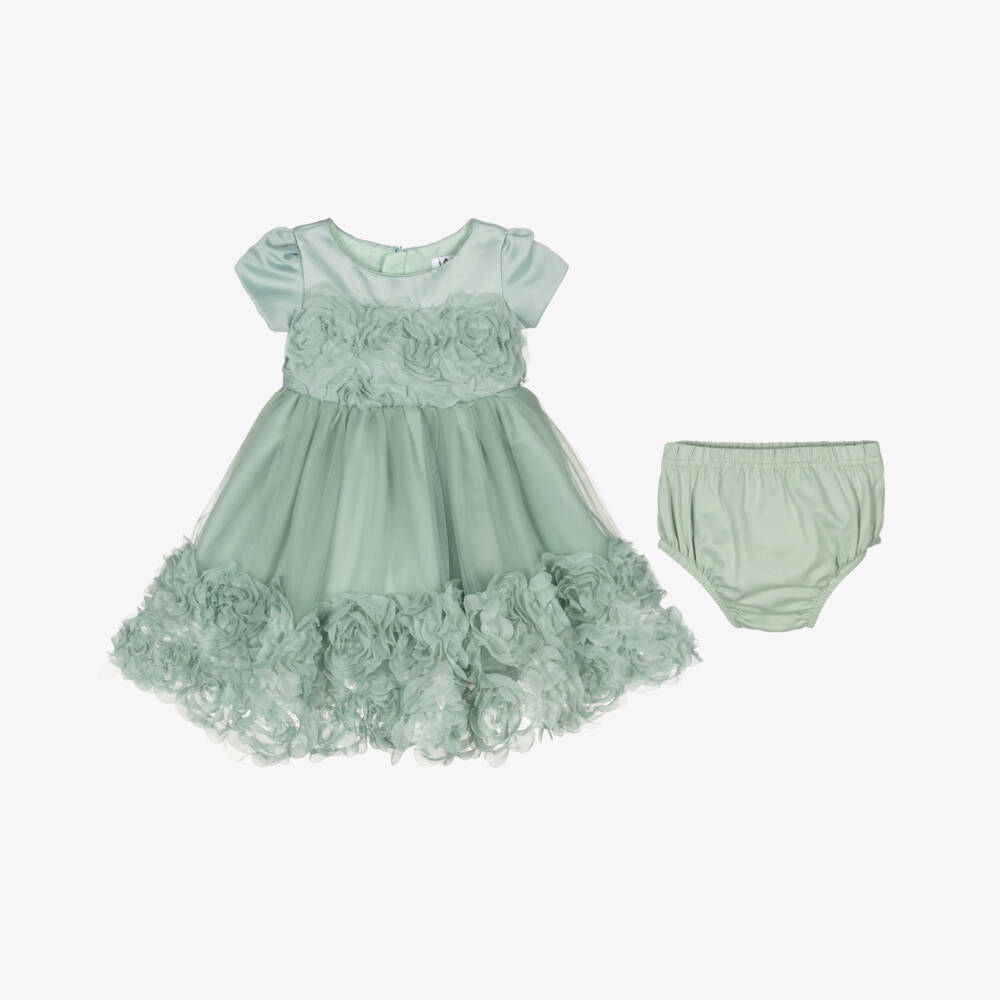 iAMe-Girls Green Satin & Tulle Floral Dress | Childrensalon Outlet