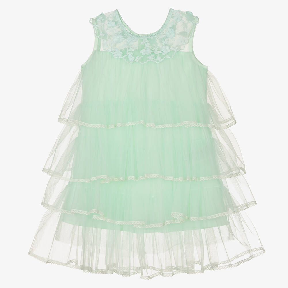 iAMe - Girls Green Tiered Tulle Dress | Childrensalon