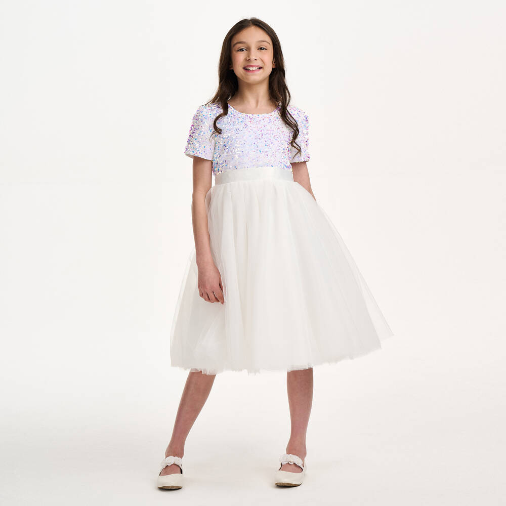 iAMe-Кремовое платье из тюля с пайетками для девочек | Childrensalon Outlet