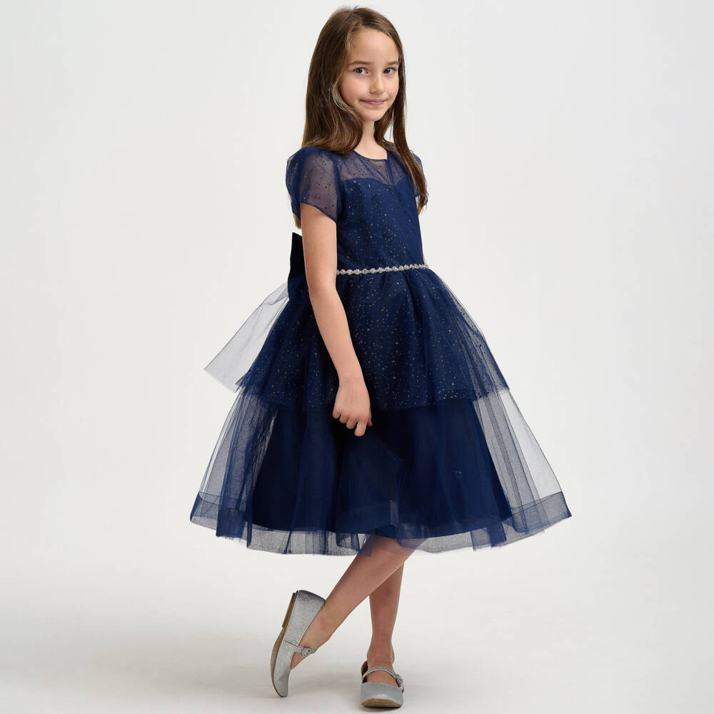 iAMe-Girls Navy Blue Sparkle Tulle Dress | Childrensalon Outlet